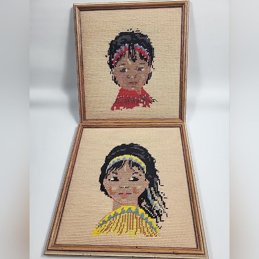 Cross Stitch Native American Indian Girl And Boy Portrait Finished Framed